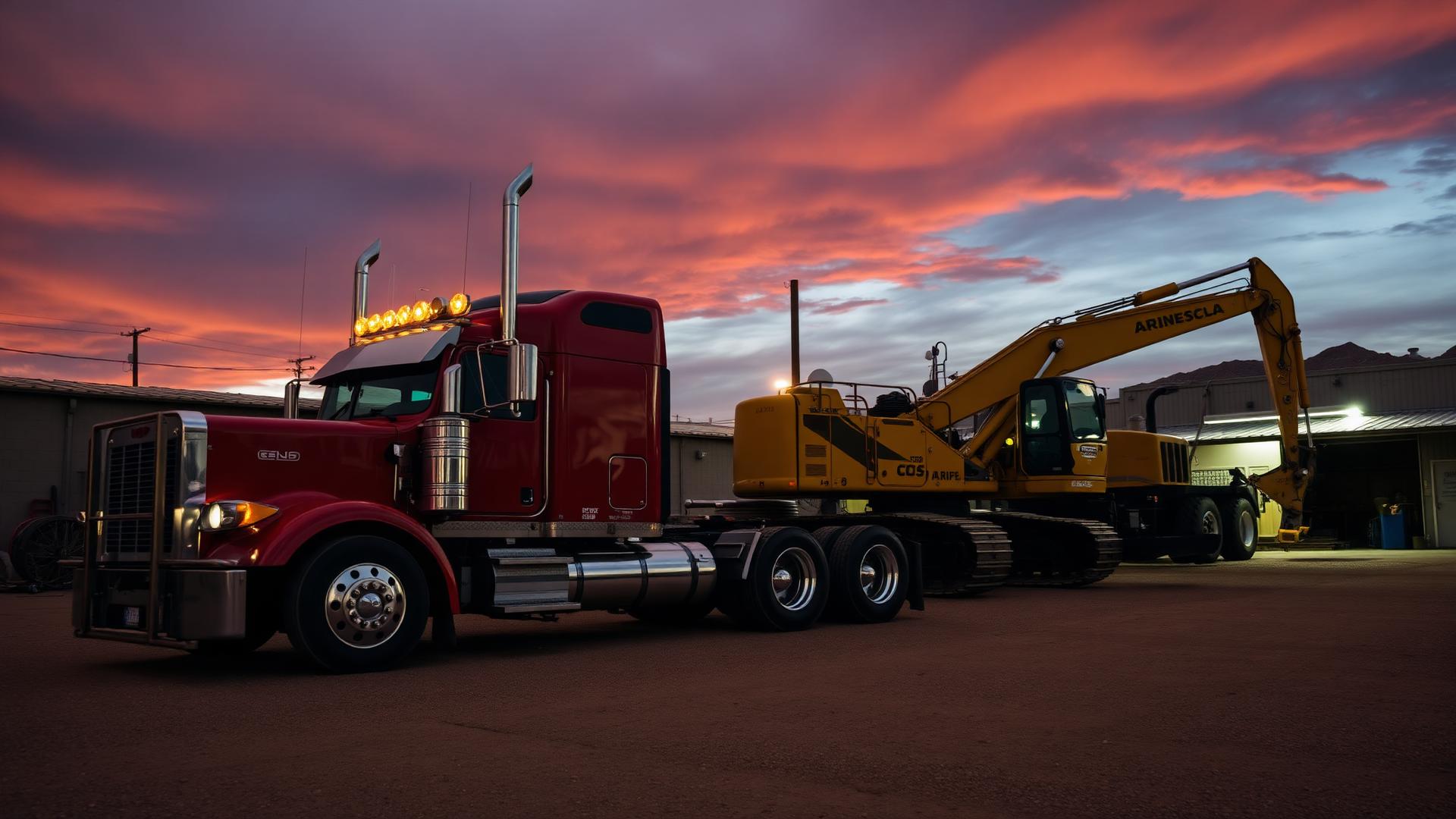Red semi-truck and yellow excavator at a Phoenix Arizona mechanic shop at sunset